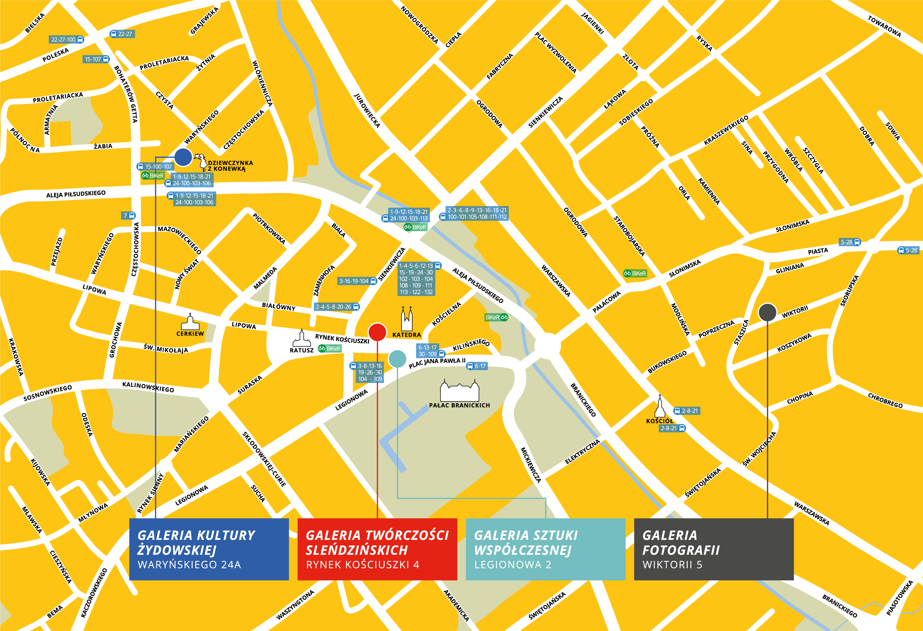Mapa z zaznaczonymi lokalizacjami galerii