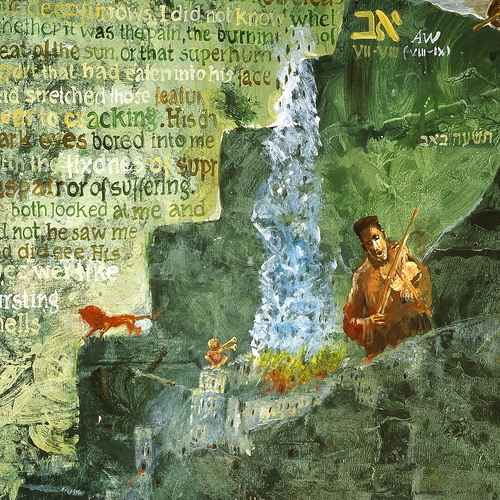 Fragment obrazu w zielonej tonacji z sylwetką skrzypka.