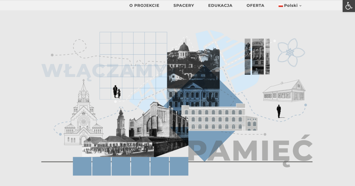 Grafika przedstawiająca kolaż zabytkowych budynków, postaci i napis „Włączamy pamięć”.